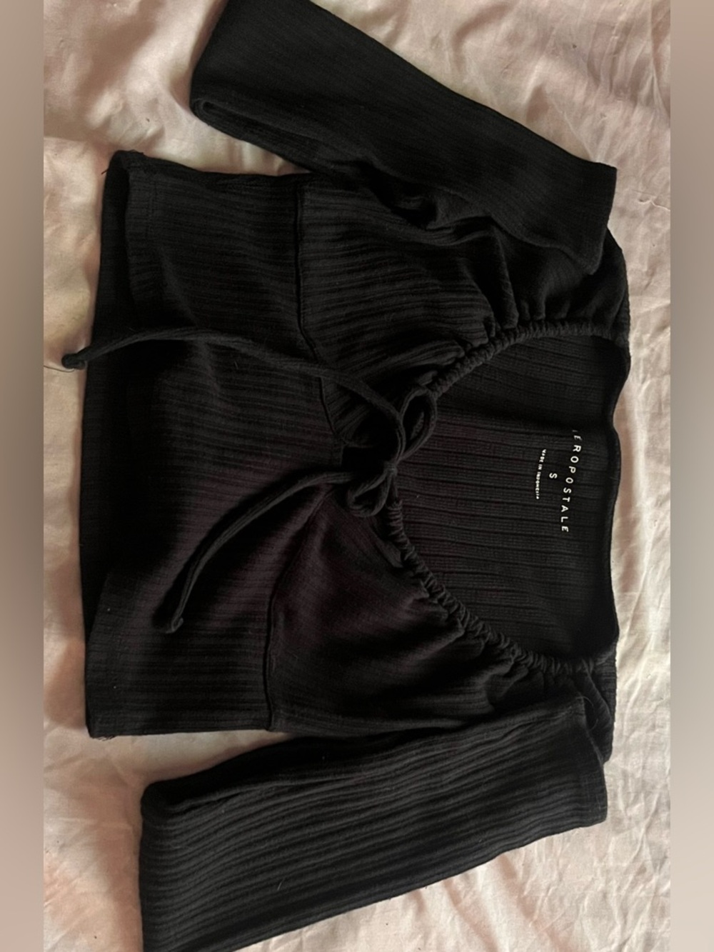 Aeropostale Black Ribbed Square Neck Drawstring Top